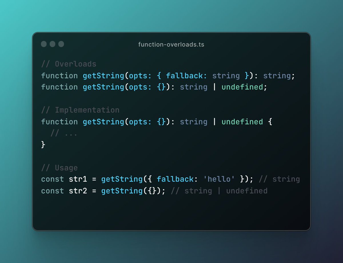 agstnsnathaniel's tweet image. 💡[TypeScript Tip]
TIL Function Overloads 👀

Used to see it in various libs I use, but didn&apos;t know the term for it. Finally got to learn about this after having to create a utility which needs this specific behavior

#TypeScript #TypeScriptTip
