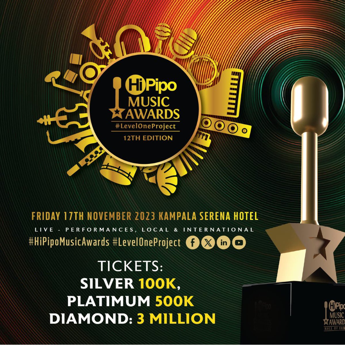 Only 2 days to the #HiPipoMusicAwards at Kampala Serena Hotel a night of glam, vibes and music that you won’t forget 

Book your ticket / tables as early as now at the Jude_Color show room , HiPipo
OR Online via : mticket.252.co.ug

#LevelOneProject