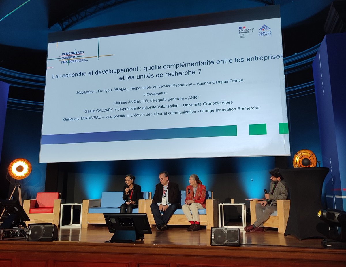 CampusFrance's tweet photo. #RencontresCF l 📌 La recherche et développement : quelle complémentarité entre les entreprises et les unités de recherche ?   

💬 La parole est donnée par François Pradal à Guillaume Tardiveau @orange,  Clarrise Angelier @AssoANRT et Gaëlle Calvary @UGrenobleAlpes https://t.co/18ddiWTkh5