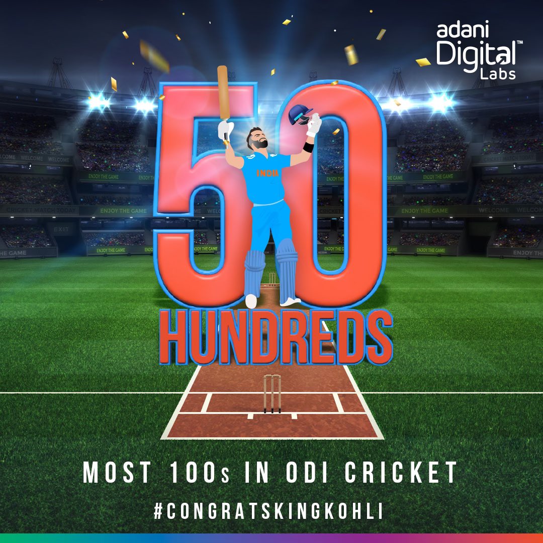 AdaniDigital's tweet photo. This is truly historic. King Kohli #MakesHistory and all we can do is just bow to this cricketing royalty. 

#AdaniDigitalLabs #CWC2023 #Cricket #WorldCup #ViratKohli #Century #MakeHistory https://t.co/x40U9vCw2p