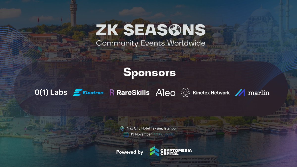 zkseasons's tweet photo. ⚡️ Credits to sponsors: 

📌 @o1_labs!

📌 @labs_electron!

📌 @RareSkills_io!

📌 @AleoHQ!

📌 @MarlinProtocol!

📌 @KinetexNetwork!

Stay tuned for the next meetup announcements! 🤝 https://t.co/z0HlH9caFz