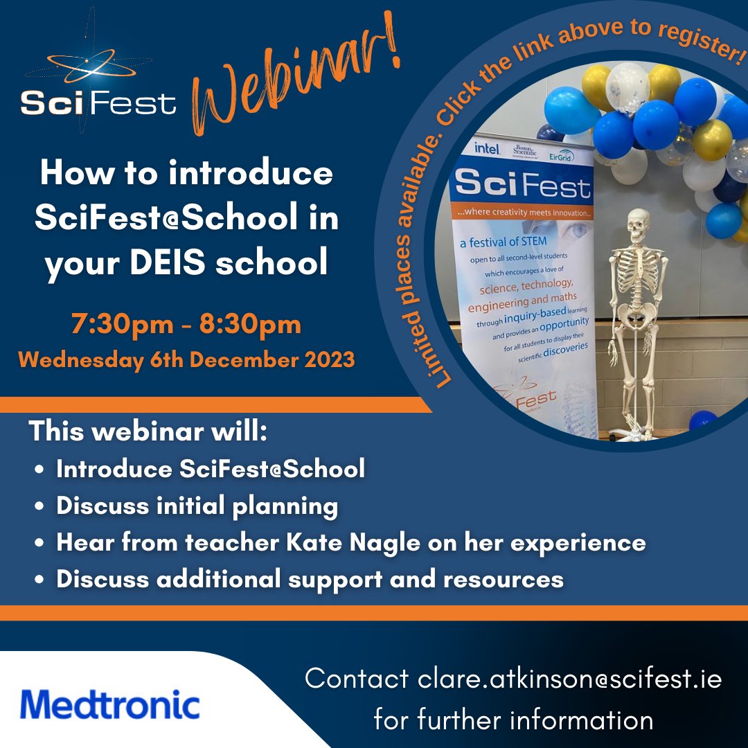 akibuso's tweet photo. Webinar alert! 📣📣 This webinar is open to all DEIS school teachers who are thinking of (or are in the midst of) introducing SciFest@School to their school for the first time. You can register here: https://t.co/JOgTooZcDq
This webinar is supported by the Medtronic Foundation. https://t.co/ilUP9ejY72