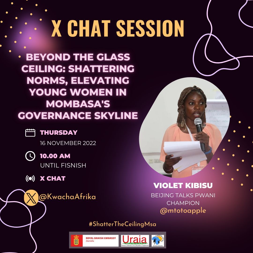 KwachaAfrika (@kwachaafrika) on Twitter photo 📣 Attention leaders, advocates, and change makers, Join Our X chat with <a href="/mtotoapple/">violet kibisu</a> is just around the corner.Get ready to explore new waves of leadership in Mombasa. #ShatterTheCeilingMsa <a href="/Mybody_Ke/">MY BODY MY BODY</a>
<a href="/CAREinKenya/">CARE Kenya</a>
<a href="/StretchersYouth/">STRETCHERS YOUTH ORGANIZATION</a>
<a href="/Kcyg001/">Kadzandani Creative Youth Organization</a>
<a href="/KECOSCE/">KECOSCE</a>
<a href="/YOWPSUD_/">YOWPSUD</a> 📣 Attention leaders, advocates, and change makers, Join Our X chat with <a href="/mtotoapple/">violet kibisu</a> is just around the corner.Get ready to explore new waves of leadership in Mombasa. #ShatterTheCeilingMsa <a href="/Mybody_Ke/">MY BODY MY BODY</a>
<a href="/CAREinKenya/">CARE Kenya</a>
<a href="/StretchersYouth/">STRETCHERS YOUTH ORGANIZATION</a>
<a href="/Kcyg001/">Kadzandani Creative Youth Organization</a>
<a href="/KECOSCE/">KECOSCE</a>
<a href="/YOWPSUD_/">YOWPSUD</a>