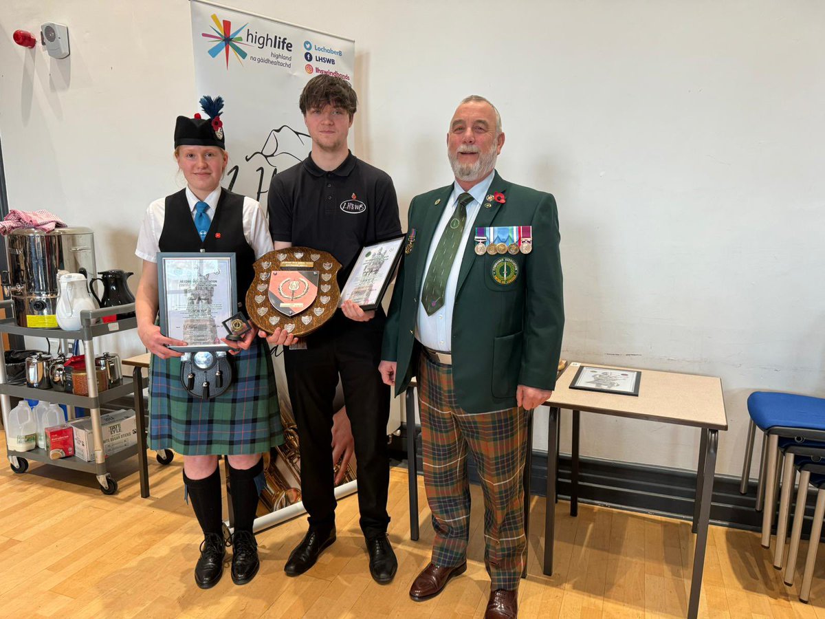 LochaberB's tweet photo. Remembrance weekend is always a very important one in Lochaber High School and the wind and pipe bands did their part in the solemn services with aplomb and proffesionalism. 
Congratulations to Archie for receiving the Commando Association commendation award for the wind bands! https://t.co/Whhxgfi3z1