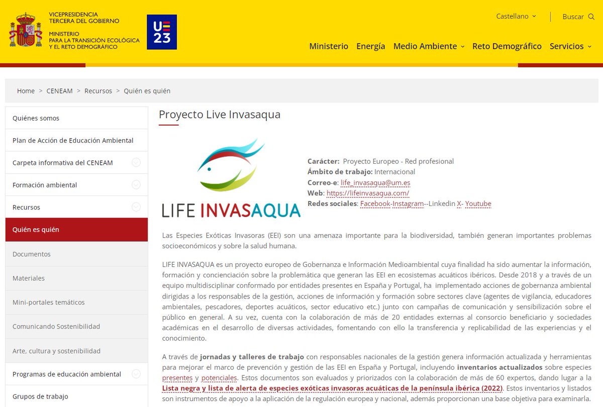 LifeInvasaqua's tweet photo. @LifeInvasaqua ya tiene un espacio en la web del Centro Nacional de Educación Ambiental - #CENEAM dependiente de @mitecogob. 

En su fase #PostLIFE, el proyecto sigue sumando hitos. Consulta qué es LIFE INVASAQUA, qué se ha hecho y qué recursos ofrece 
⬇️
https://t.co/rqcxjPq0lk https://t.co/yT1r2fpnZ0