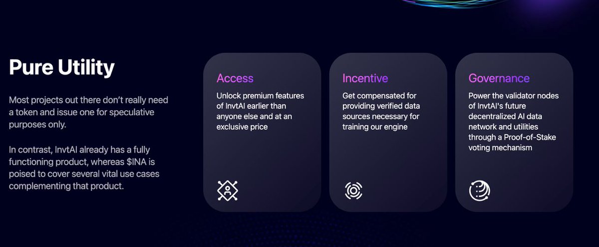 InvtAI's tweet photo. $INA = Pure utility 

The truth is most projects don’t need a token & when they do its purely speculative. 

InvtAI already has a fully functioning product & $INA is coverring several vital use cases complementing that product.

One of them being access. 

Through $INA you will unlock premium features of InvtAI earlier than anyone else and at an exclusive price!

Details of launch coming soon.

#INA #Crypto #INAToken