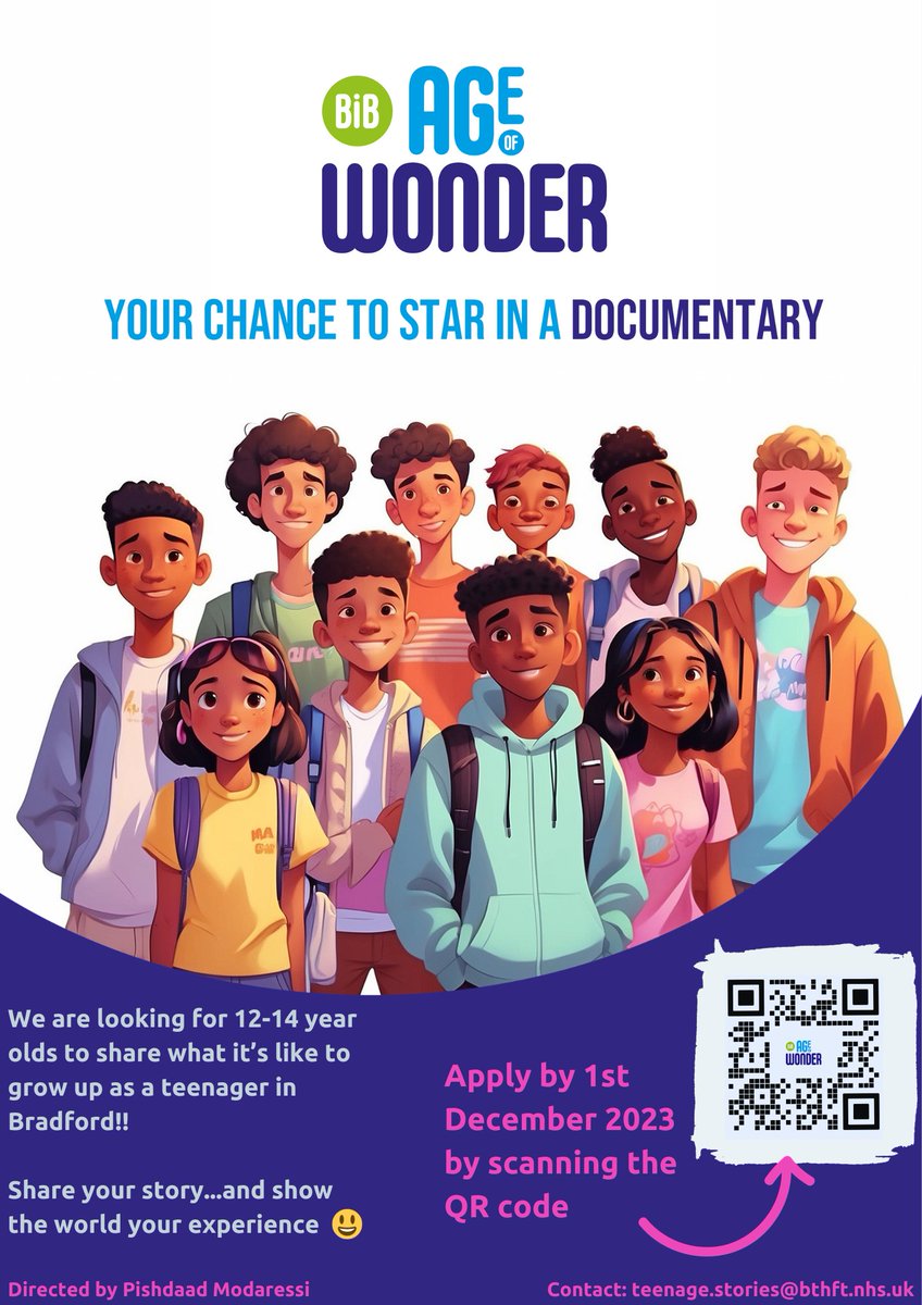 ✅Aged 12-14?
✅Living in Bradford district?
✅Want to share your experience with the world?

Sign up 👇 to 🌟in the new Born in Bradford documentary!!

forms.gle/JfCF24mdHo5BEG…