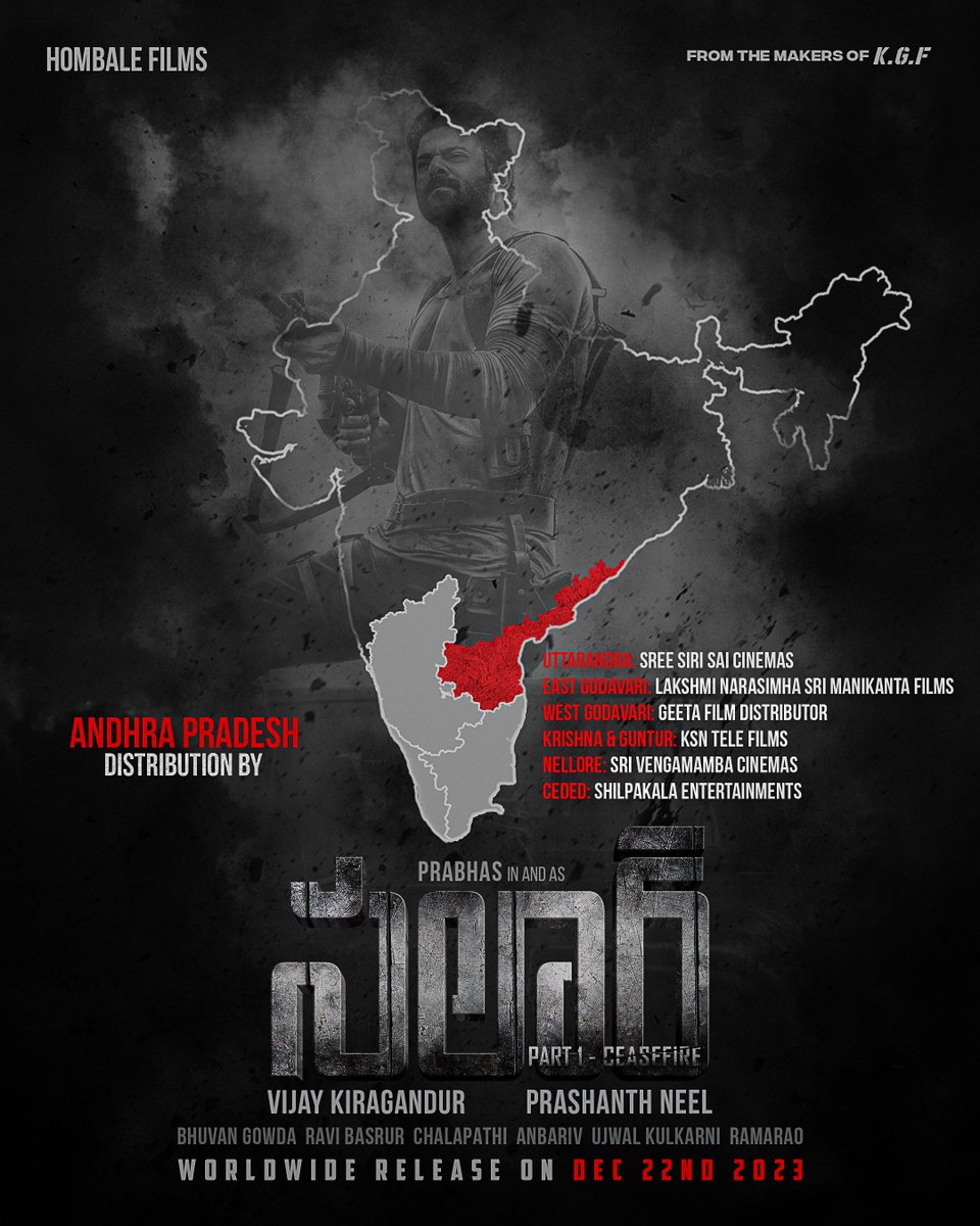 SalaarTheSaga's tweet photo. We’re pleased to announce our collaboration with the Andhra Pradesh distributors to bring #SalaarCeaseFire to the audience of 𝐀𝐧𝐝𝐡𝐫𝐚 𝐏𝐫𝐚𝐝𝐞𝐬𝐡!

#Salaar Trailer on Dec 1st at 7:19 PM 🔥

#Prabhas #PrashanthNeel @PrithviOfficial @shrutihaasan @hombalefilms @VKiragandur @IamJagguBhai @sriyareddy @bhuvangowda84 @RaviBasrur @shivakumarart @vchalapathi_art @anbariv @SalaarTheSaga  

#SalaarCeaseFireOnDec22