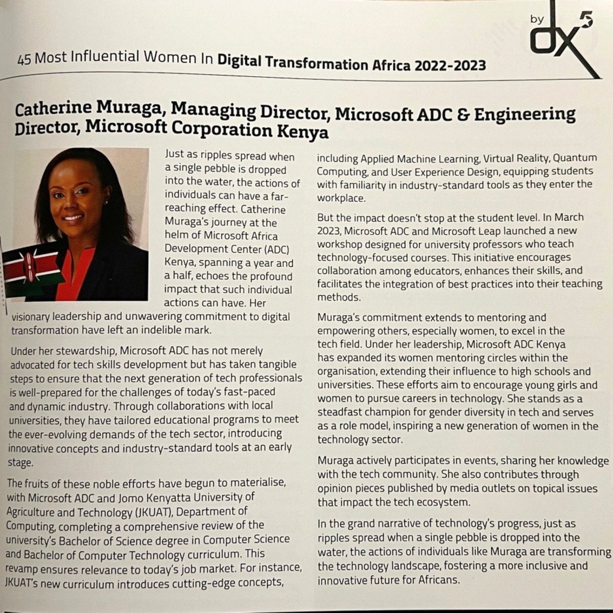 Kudos to <a href="/CMuraga/">Catherine Muraga</a> for earning recognition as one of the most influential women in digital transformation in the November 2023 edition of CIO Magazine. 🎉 

<a href="/dx5ve/">CIO Africa by dx5ve</a>