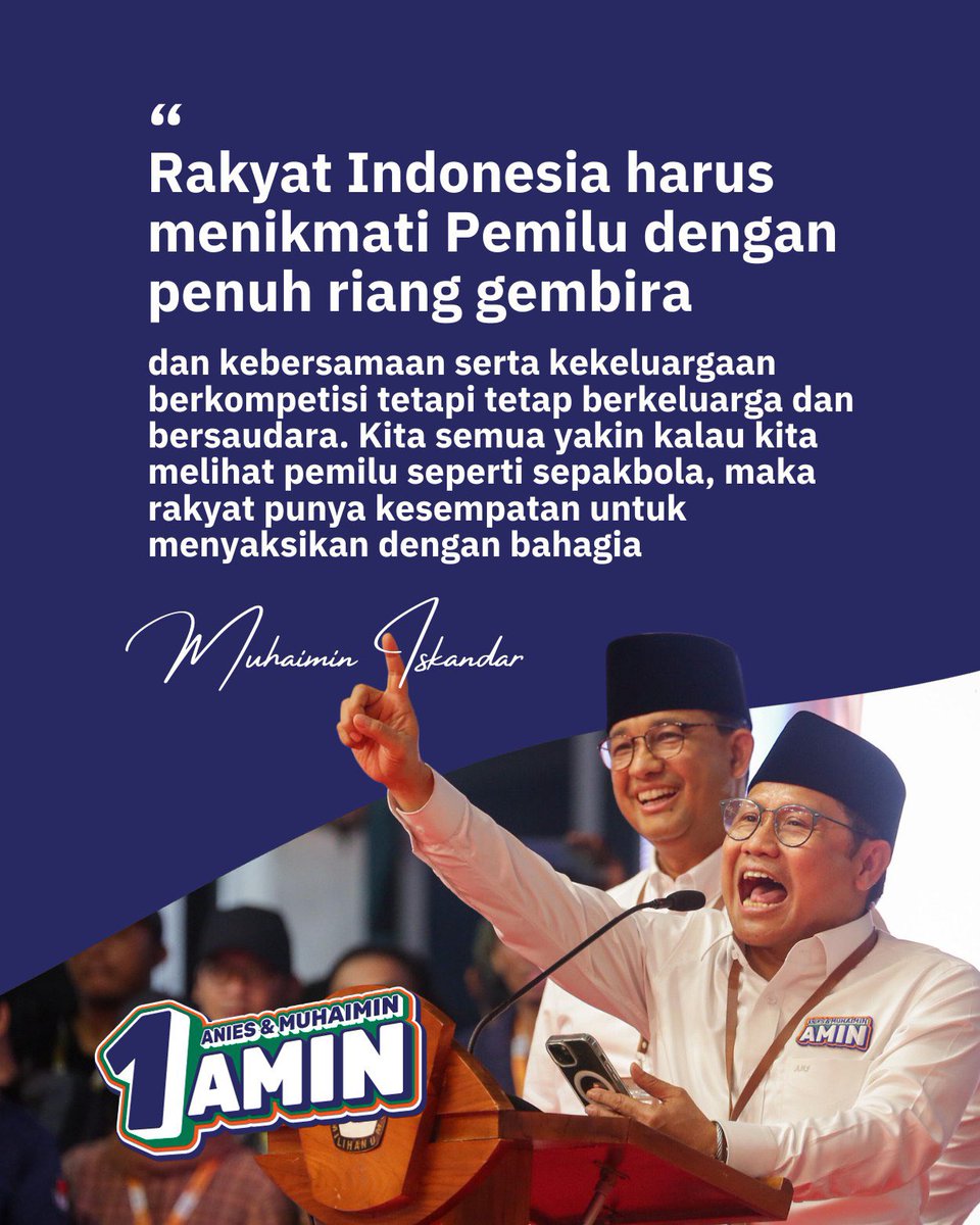 voiceofpkb's tweet photo. Rakyat Indonesia harus menikmati Pemilu dengan penuh riang gembira, ibarat seperti pertandingan sepakbola, maka rakyat punya kesempatan menyaksikan dengan bahagia💚 
@aniesbaswedan @cakimiNOW 
Bersama AMIN kita satukan Indonesia🇮🇩

#AMINNomor1Juara1
#AniesMuhaimin2024 https://t.co/atQDq6ixU7