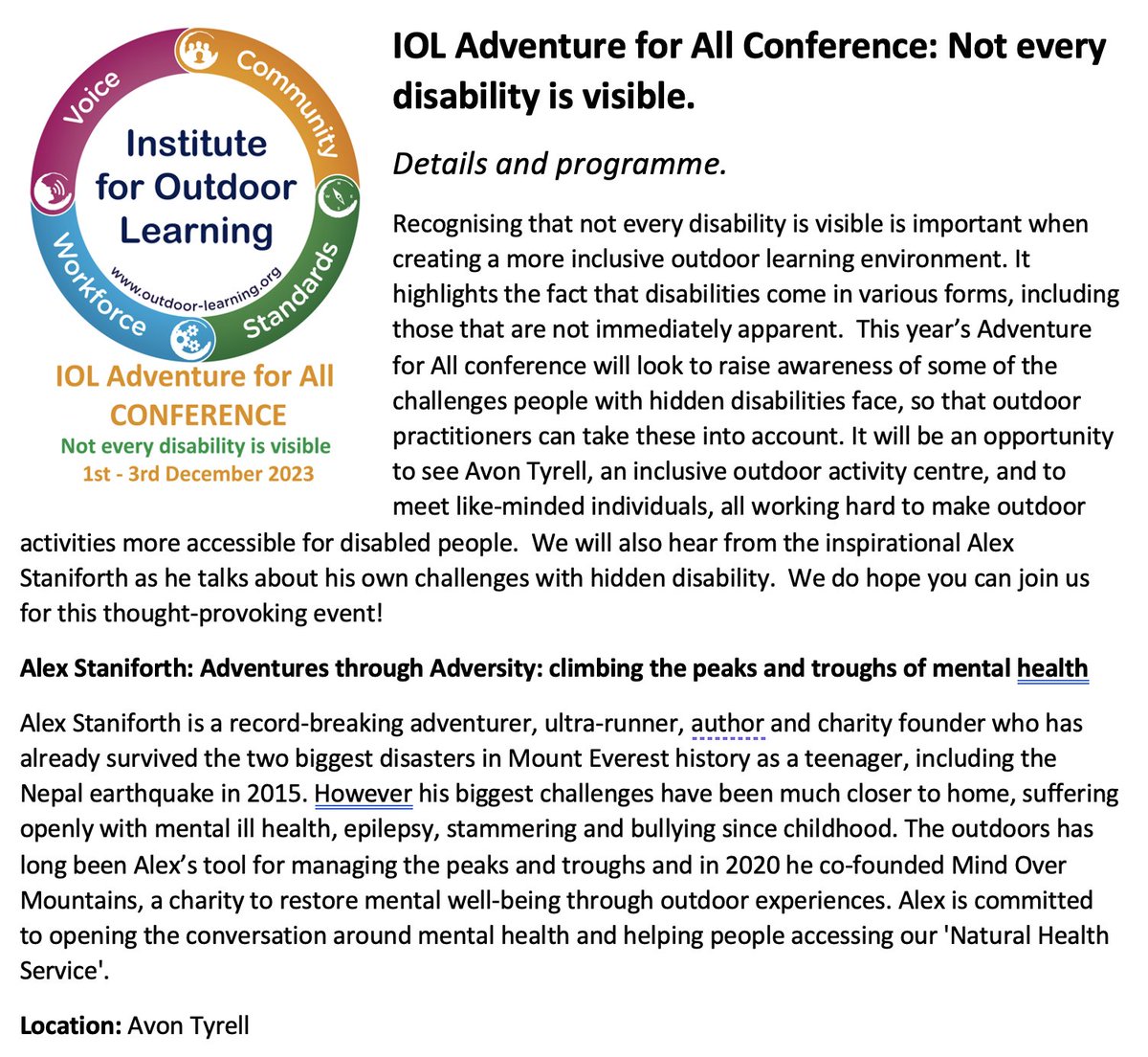 IOLOutdoorProfs's tweet image. Still time to book!
The IOL #adventureforall Conference
#outdoorlearning
Info and book here: outdoor-learning.org/Courses-Events…