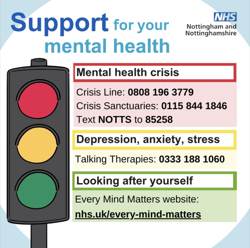 If you, or someone you know, needs: 🔴 Crisis help 🟡 Support for depression, anxiety or stress 🟢 Advice to improve mental health Help is always available: notts.icb.nhs.Uk