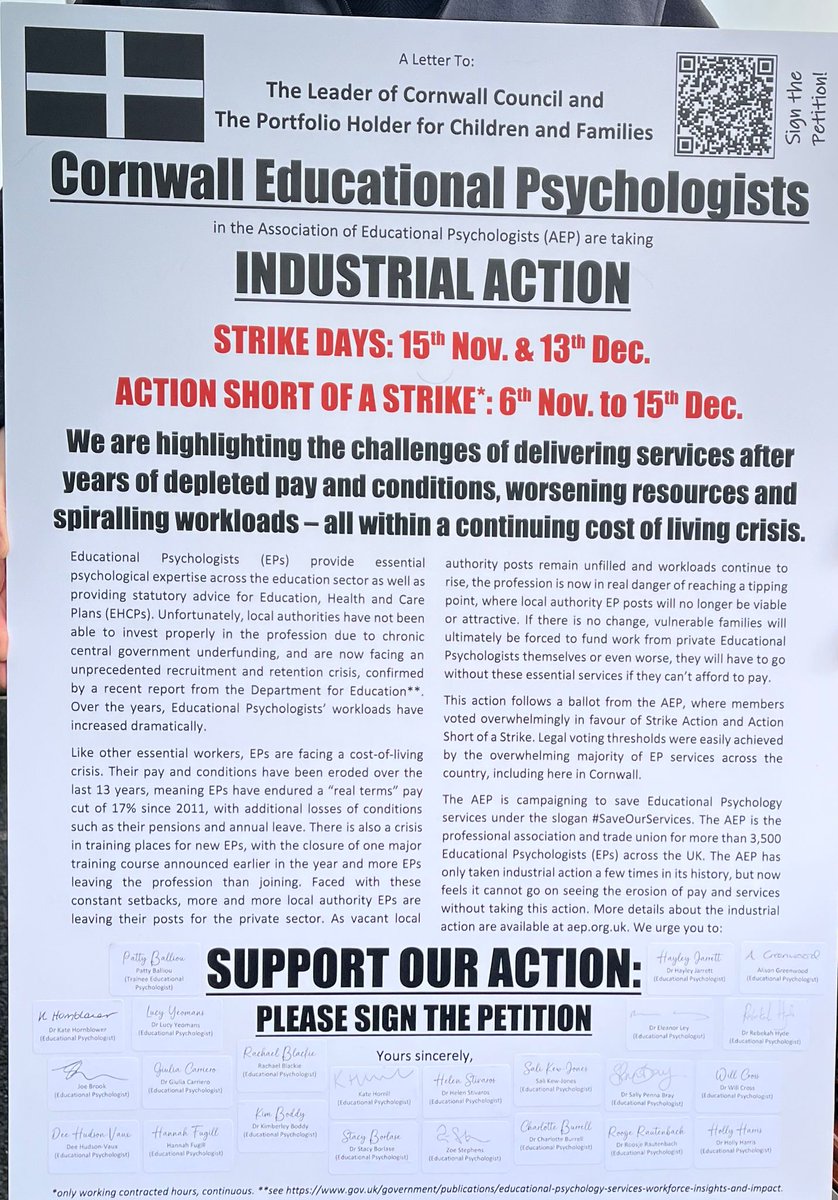 This is the letter signed by 24 educational psychologists which was delivered to Cornwall Council on the day educational psychologists are taking strike action to #SaveOurServices