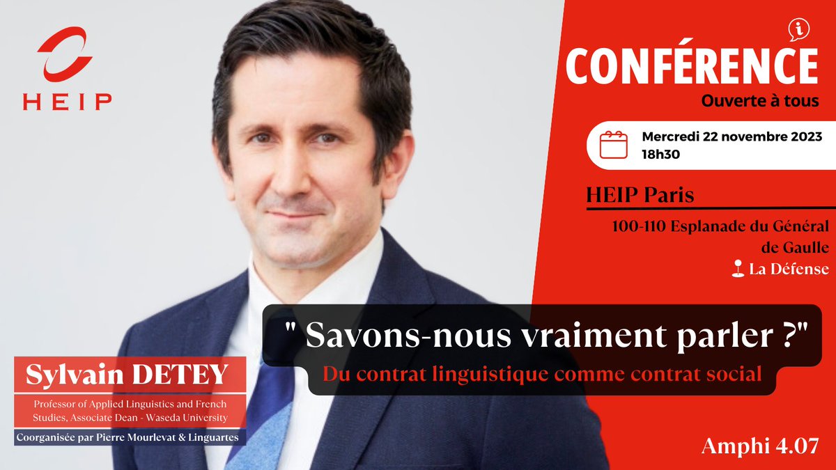 #Rencontre avec #SylvainDetey Mercredi 22 novembre, nos #étudiants ont le plaisir d’accueil @SylvainDETEY, professeur de linguistique à l’#Université de #Waseda à Tokyo, qui viendra présenter son livre « savons-nous parler ? Du contrat linguistique au contrat social ». #HEIP