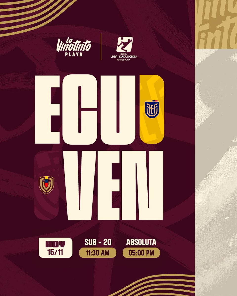 vinotintoplaya's tweet photo. ¡Llegó el día! 🍷⚽️🏖️

La Sub-20 y la absoluta medirán fuerzas 🆚🇪🇨 en el arranque de la CONMEBOL Liga Evolución 2023

#SiempreVinotinto 🇻🇪 https://t.co/4eAkW5HTK9