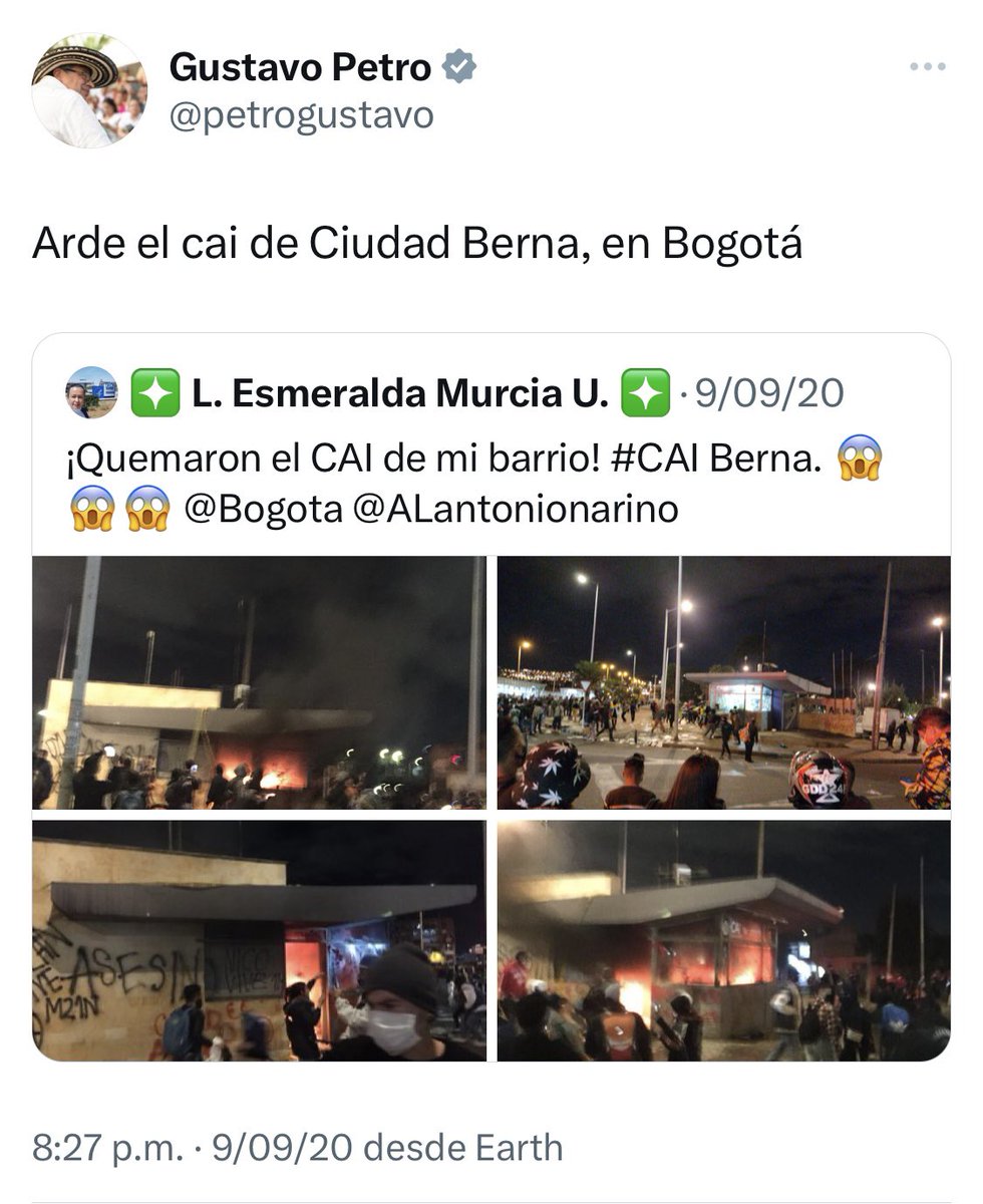 VickyDavilaH's tweet photo. Esto también deben investigarlo, es odio puro. Fue en el llamado “estallido social” que se convirtió en la toma de los grupos criminales más perversa en Colombia. 

Usaron las necesidades de la gente, instrumentalizaron a los más pobres. Las Farc, el ELN y la Marquetalia financiaron secuestros de ciudades, a través de grupos de las primeras líneas. 

Así llegó al poder, cabalgando sobre el fuego, la muerte, el dolor y la sangre. Disfrazado de CAMBIO. 

No olvidamos la felicidad por ver “arder los CAI” con policías adentro. La idea era quemarlos vivos.