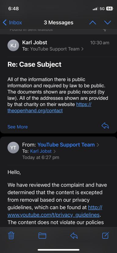 karljobstgaming's tweet photo. Someone within the Open Hand Foundation made a privacy complaint against my video. 

Youtube rejected it. https://t.co/rYLm0aupYH