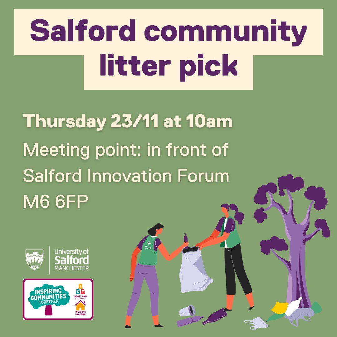 ictsalford's tweet photo. We would love for you to join us on November 23rd at the Salford Innovation forum for our litter pick. Let's come together and make a difference in keeping Salford clean. Don't miss out! #Salford #CleanerTogether https://t.co/zFQjzuVUou