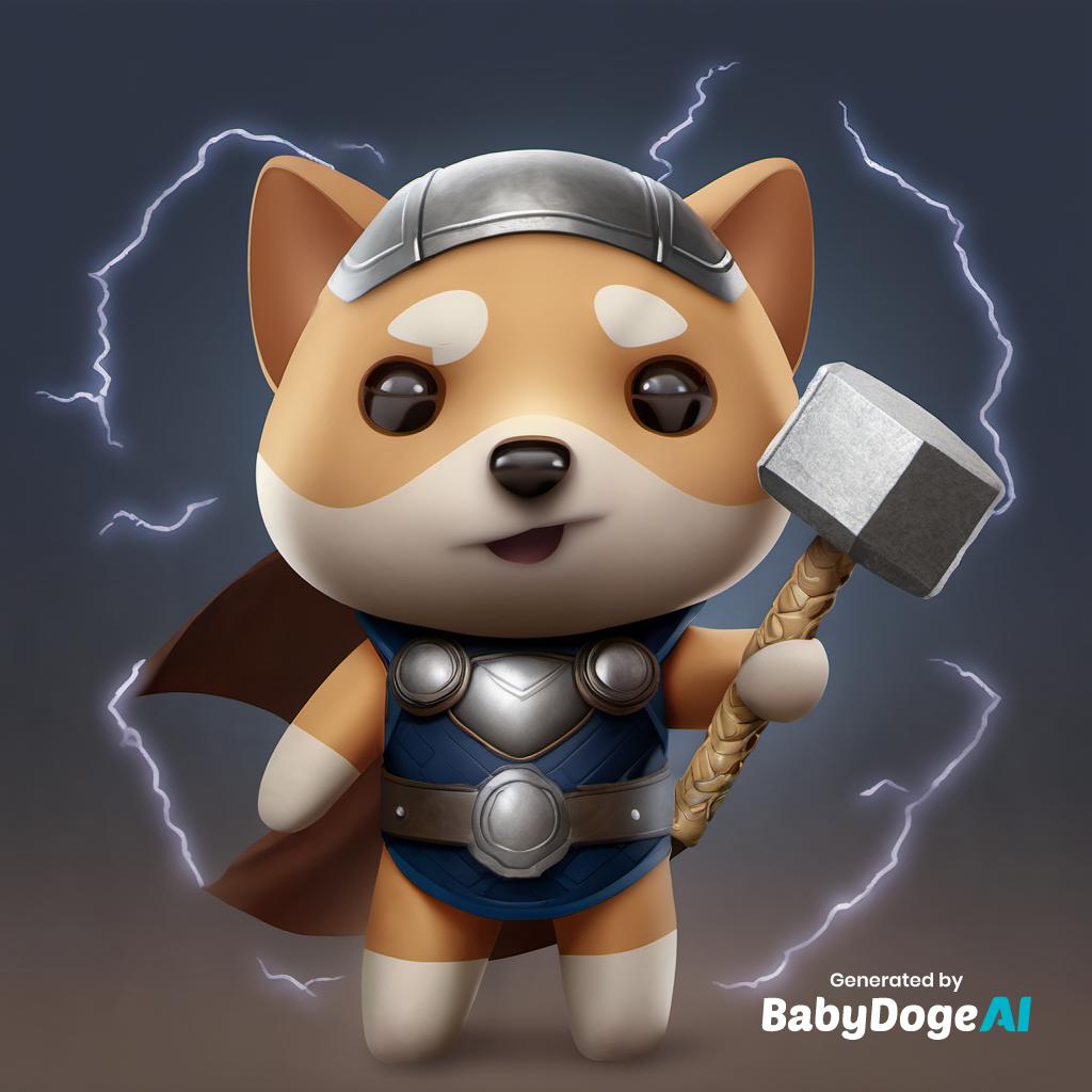 "BabyDoge Thor with lightning holding thors hammer asgard background high quality detail" Generated via #BabyDogeAi Generate your own now at BabyDogeSwap.com/Ai