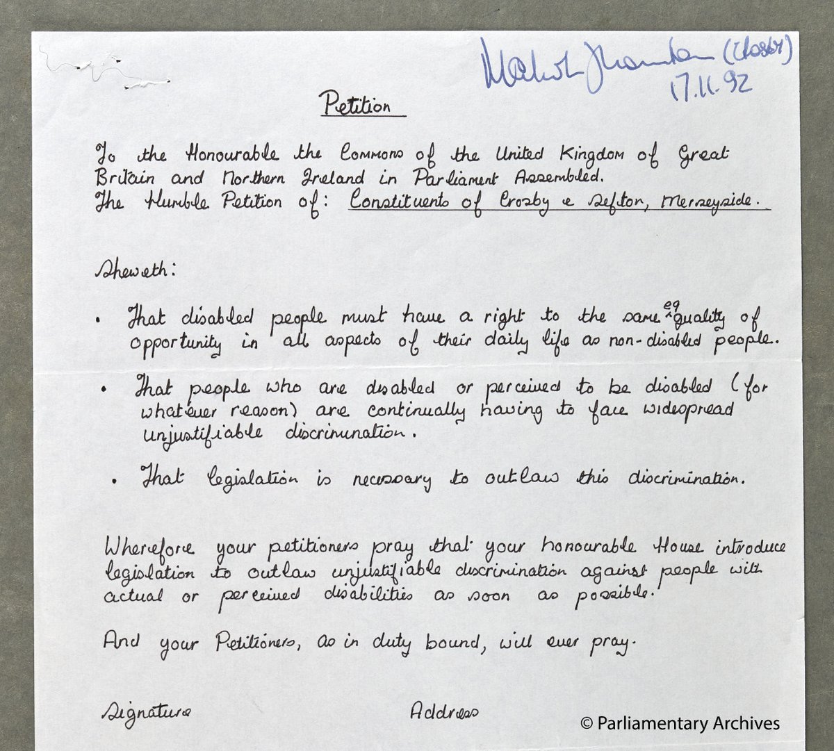 UKParlArchives's tweet photo. Today is the beginning of Disability History Month. From our collection, here is a petition from 1992 calling for legislation to outlaw disability discrimination. A few years later, in 1995, the Disability Discrimination Act was finally passed. #TowerEquality https://t.co/eb0sVyeiJo