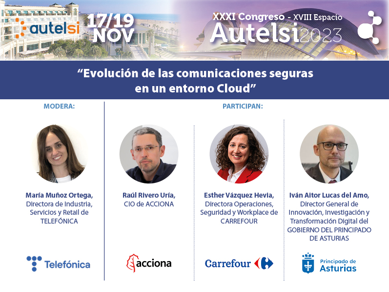 👏Damos comienzo a la 1ª mesa de debate “Evolución de las comunicaciones seguras en un entorno Cloud”
Modera: María Muñoz <a href="/Telefonica/">Telefónica</a> Participan: Raúl Rivero <a href="/ACCIONA/">ACCIONA</a> Esther Hevia  <a href="/CarrefourES/">Carrefour España</a> Iván Aitor Lucas <a href="/GobAsturias/">Principado de Asturias</a>