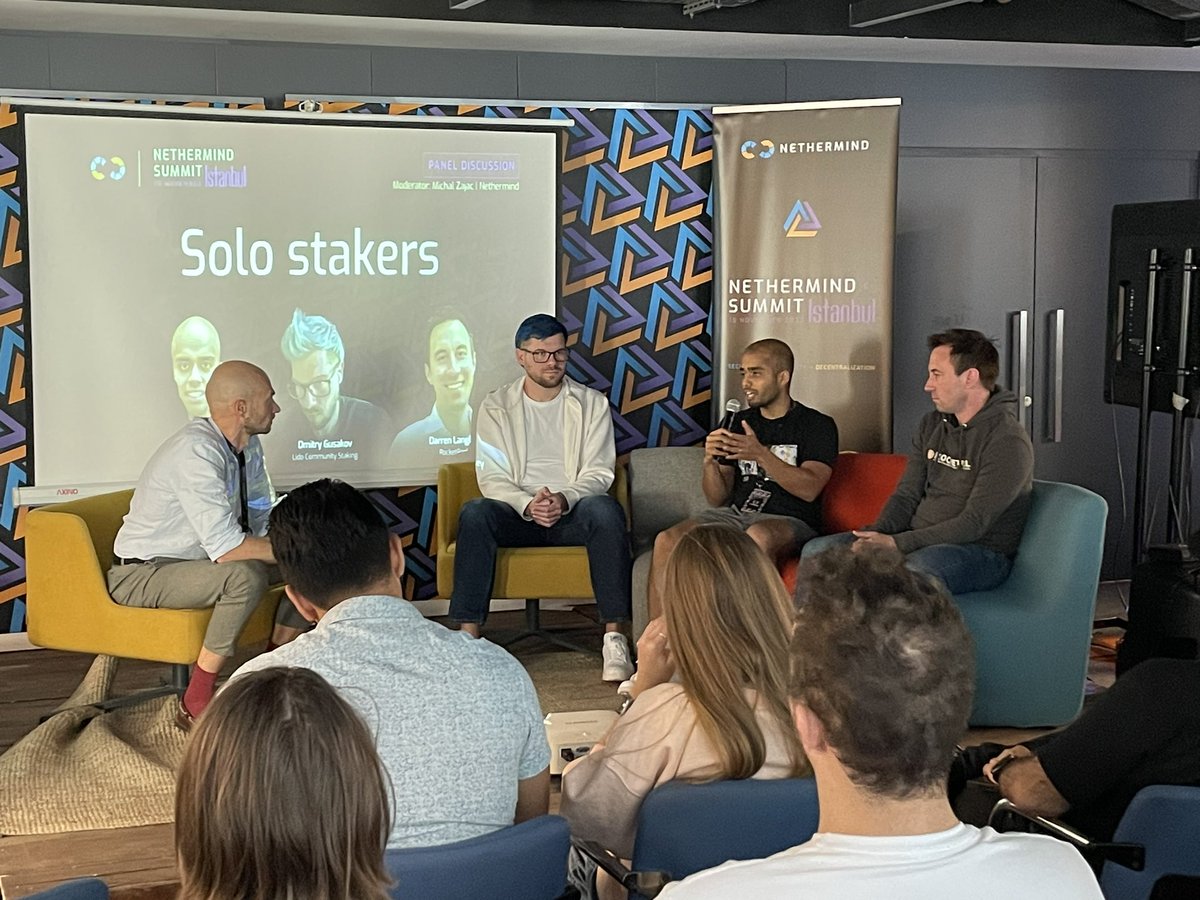 Nethermind's tweet photo. Meet our solo staker panel: @soubhik_deb @d_gusakov @langerstwit moderated by @mpfzajac 

#NethermindSummit @EFDevconnect https://t.co/kIlycHUmzu