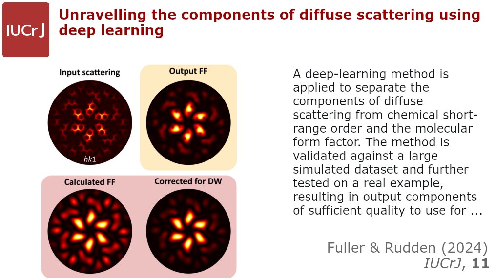 IUCrJ's tweet photo. Unravelling diffuse scattering using deep learning @IUCrJ https://t.co/F6wLc1luw0 @esrfsynchrotron @SBFI_CH @EPFL_BioE @EPFL_en #shortrangeorder #Pix2Pix #generative #adversarial #network #molecularformfactor #computationalmodelling #molecularcrystal @IUCr #openaccess https://t.co/fwcE8cAX4w