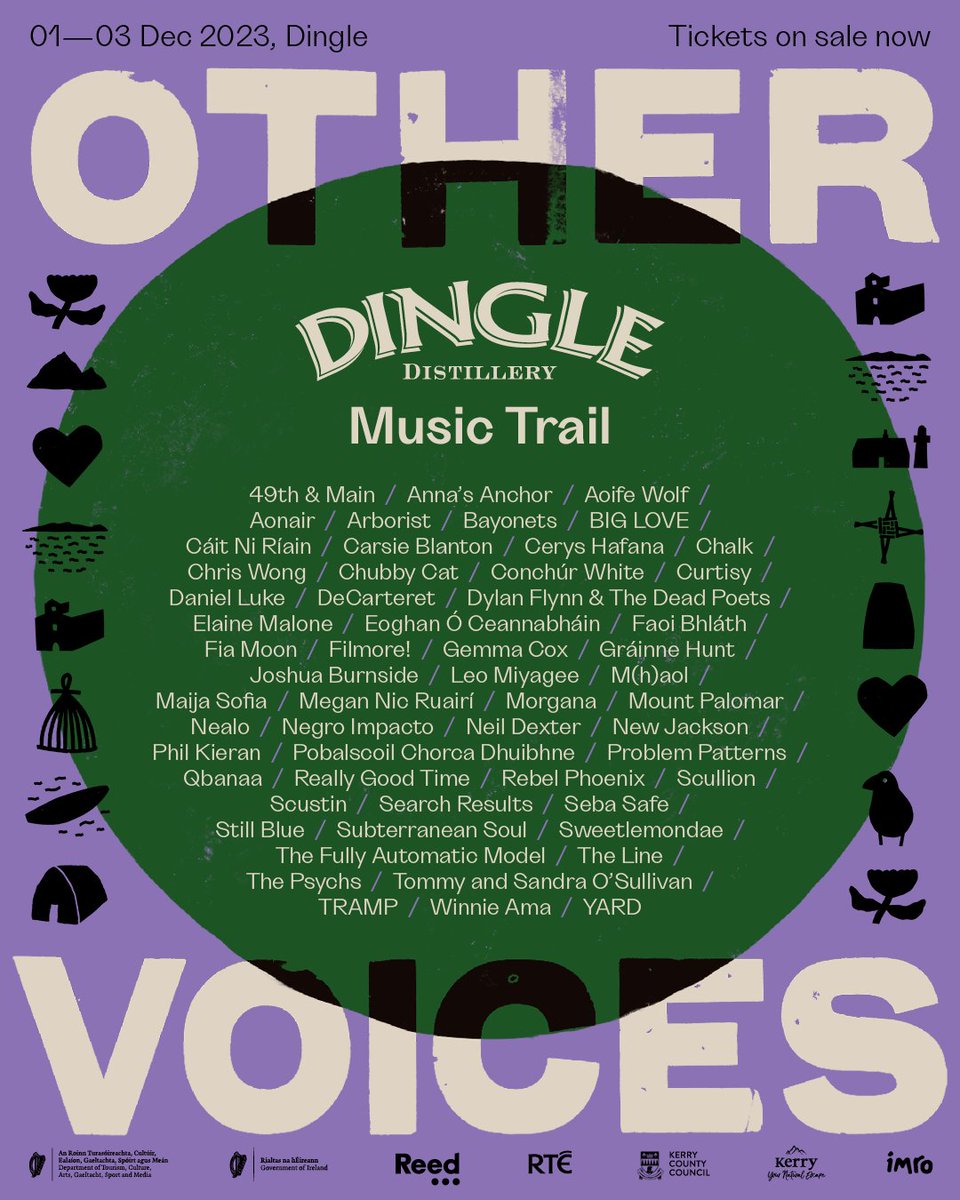 Dozens of new acts are Dingle bound next month 🛸 Just announced for the @dingledistillery Music Trail: Tallaght rapper Curtisy, DIY punks @ProbPatterns, pianist and composer Daniel Luke (@DanGota), neo-soul duo Negro Impacto & +30 more! They join the likes of @NellydaSilla,