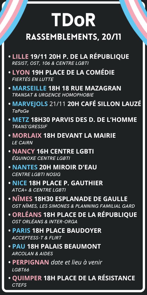 OrgaSoliTrans's tweet photo. 🏳️‍⚧️ Liste des évènements organisés le #TDoR 

Entre le 18 et le 20/11, plus de 35 rassemblements sont organisés pour le Jour du souvenir trans ⬇️ https://t.co/vvBgHH1UX5