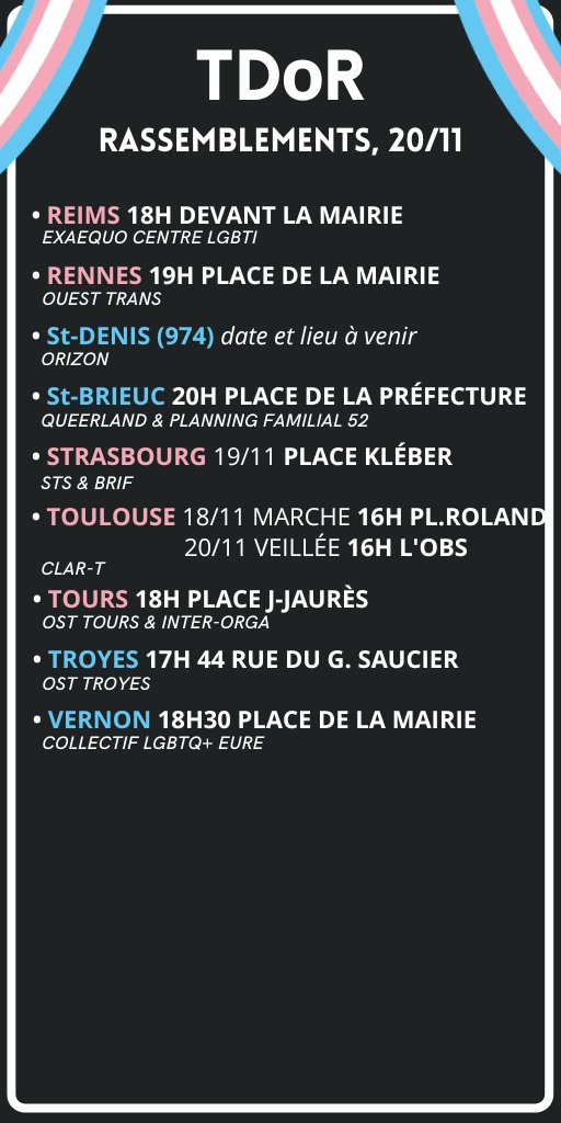 OrgaSoliTrans's tweet photo. 🏳️‍⚧️ Liste des évènements organisés le #TDoR 

Entre le 18 et le 20/11, plus de 35 rassemblements sont organisés pour le Jour du souvenir trans ⬇️ https://t.co/vvBgHH1UX5