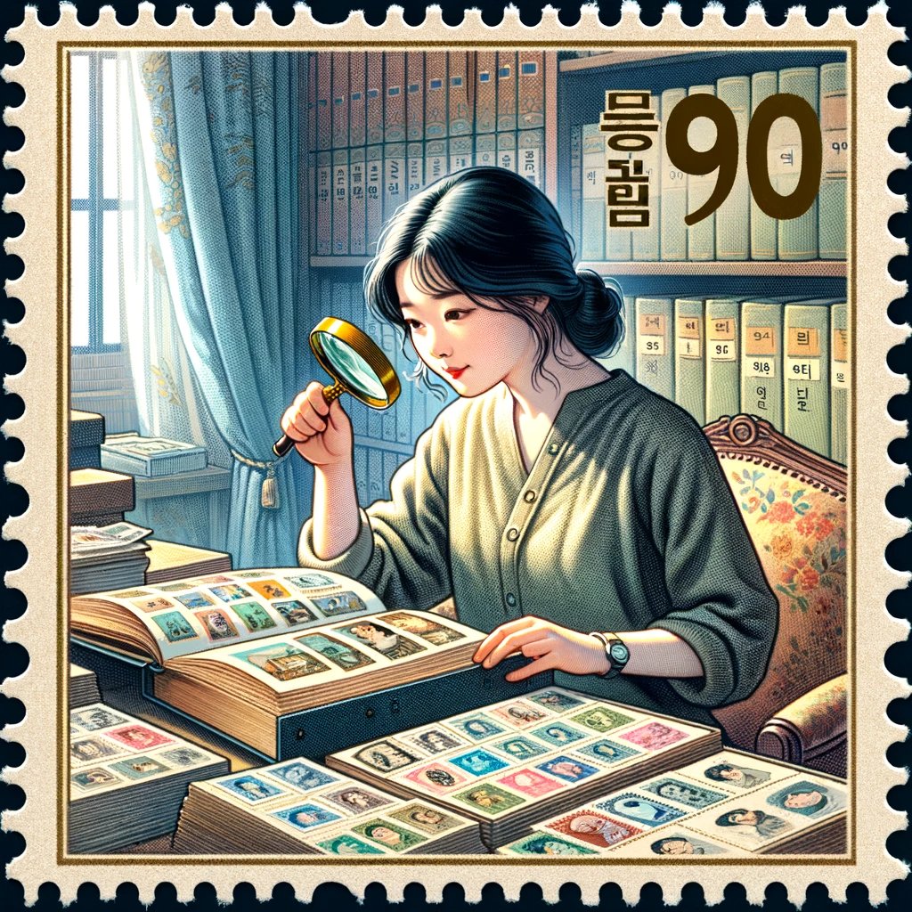 Female Korean stamp collector looking at her stamp collection as imagined by DALL-E. #Stamps #Philately #우표취미 #우표 #우표수집