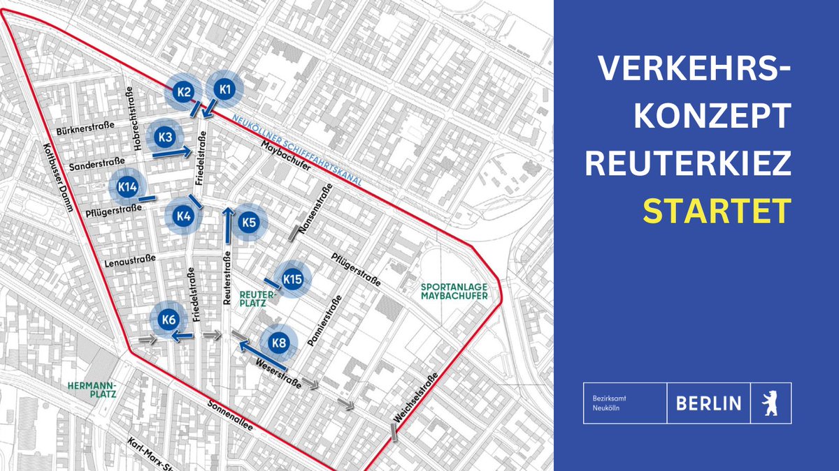 Die Ergebnisse des Verkehrskonzeptes für den Reuterkiez sind da. Wir beginnen nach intensiver Beteiligung jetzt mit den konkreten Maßnahmen - von Einbahnstraßen bis hin zu modalen Filtern für weniger Durchgangsverkehr im Kiez. Alle Maßnahmen im Detail ⬇️ berlin.de/ba-neukoelln/p…