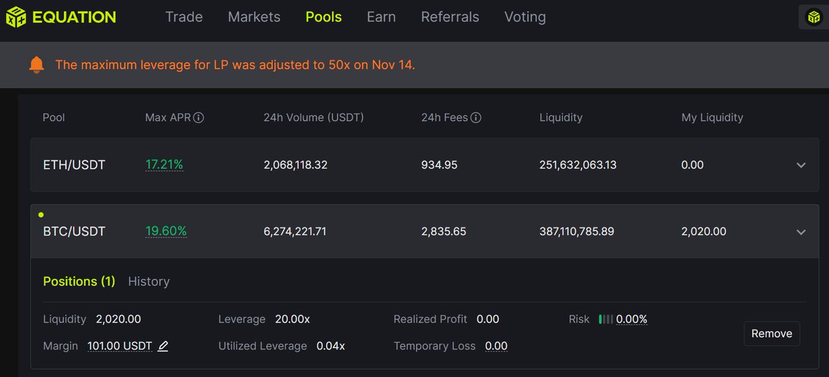 araz32008658's tweet photo. BTC/USDT POOLに入れてみました $101
レバはx20
Earnの方にはこのように出てきます
APRは19%か76%どっちなんだろ
#EquationDAOVerification
@EquationDAO https://t.co/BSKmGT76da