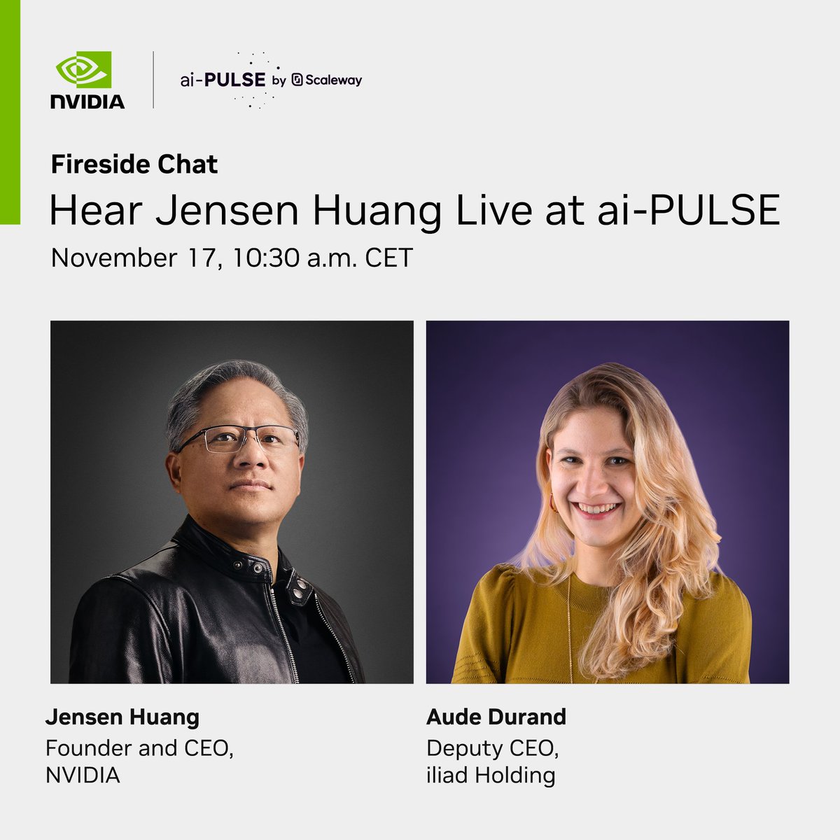 This Friday, don't miss NVIDIA founder and CEO Jensen Huang speak live with <a href="/GroupeIliad/">Groupe iliad</a> Deputy CEO, Aude Durand at <a href="/Scaleway/">Scaleway</a>'s #ai-PULSE conference in Paris.

Watch on November 17, 10:30 a.m. CET > nvda.ws/3MNZVh5