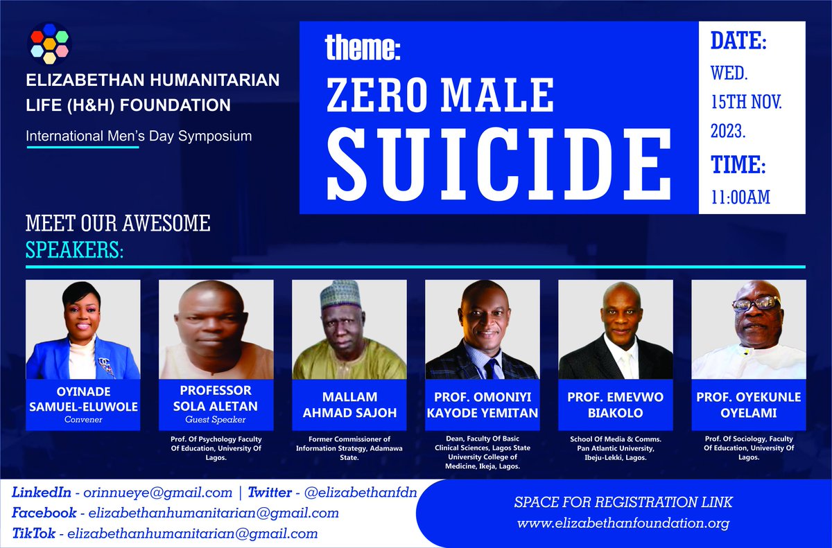 Join us live for 'Breaking the Back of Male Suicide' symposium organized by Elizabethan Foundation to commemorate the International Men's Day. Let's unite to fight for ZERO MALE SUICIDE. Catch us on: web.facebook.com/ElizabethanFou…  Together, we can make a difference.
@ElizabethanFdn