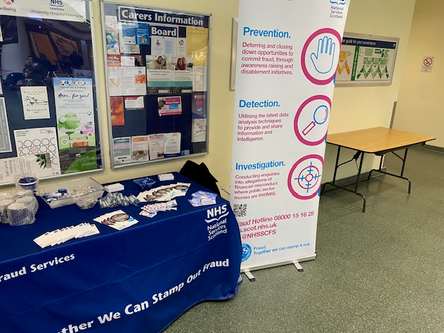 NHSSCFS's tweet photo. Today for #FraudWeek we're at Hairmyres Hospital from 11-2pm to discuss all things fraud with  @NHSLanarkshire colleagues. 
Come and find us at the Atrium to find out how to spot and report fraud. 

#CFSFraudWeek2023 👋 https://t.co/NwR6KEy9ur