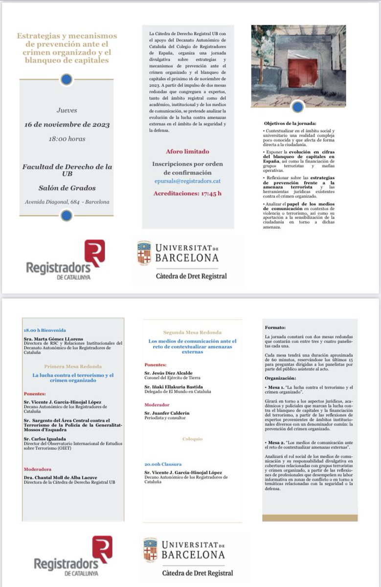 Mañana en salón de grados de la Fac Derecho UB, interesantísimo acto sobre “Estrategias y mecanismos de prevención ante el crimen organizado y el blanqueo de capitales”. 18 hh