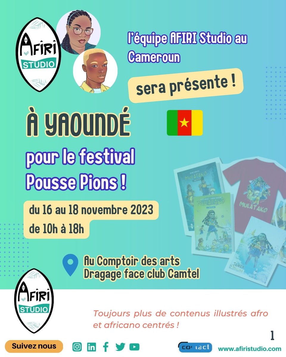 AfiriStudio's tweet photo. Hello people, pendant que Reine Dibussi est en Martinique, l’équipe AFIRI Studio sera aussi présente à #Yaoundé pendant le festival Pousse Pions du 16 au 18 Novembre au Cameroun. Rejoignez-nous sur notre stand pour découvrir nos ouvrages, faire des jeux et autres activités ! https://t.co/VOeI2kCPbb