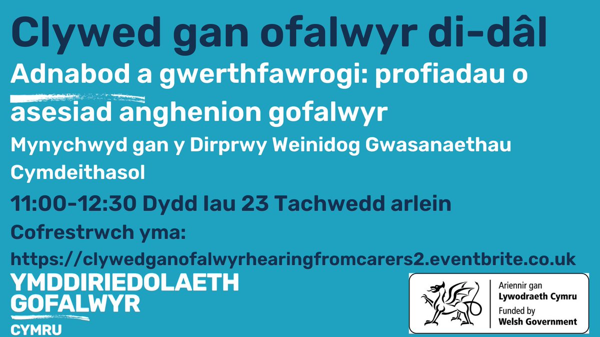 ⌛️ Dim ond 24 awr ar ôl i gofrestru ar gyfer ein digwyddiad arlein ar Ddiwrnod Hawliau Gofalwyr gyda @JulieMorganLAB Ymunwch er mwyn trafod eich profiadau o asesiad anghenion gofalwyr a rhannu eich barn! Cofrestrwch yma: …yrhearingfromcarers2.eventbrite.co.uk