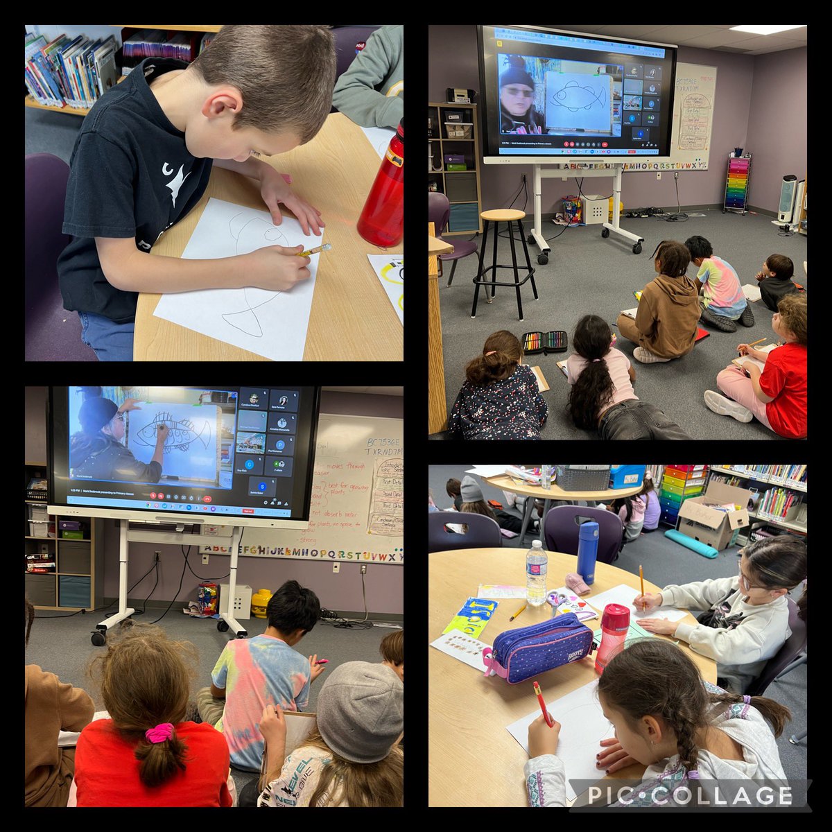 MsBaker_5's tweet photo. Thank you so much @MarkSeabrook101 for the wonderful art lesson! We all learned so much. Students created beautiful Norval Morisseau inspired art! 🌟@StGregoryOCSB @OttCatholicSB #OCSBart https://t.co/3z9q3etADe