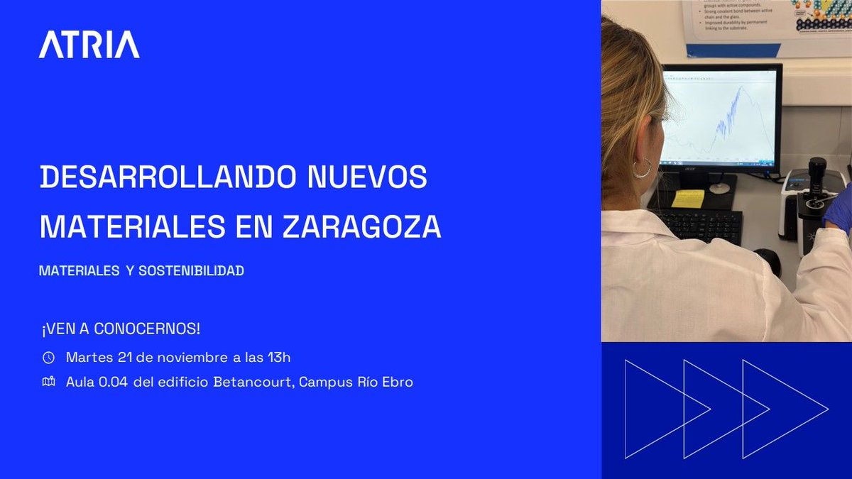 ATRIA ofrece a los estudiantes de la <a href="/EINAunizar/">EINA Unizar</a> dos charlas sobre actualidad industrial.
¡No te las pierdas!
Primera charla:
🗓️21Nov 🕐13 h 📍Campus Río Ebro-Edif. Betancourt. Aula 0.04