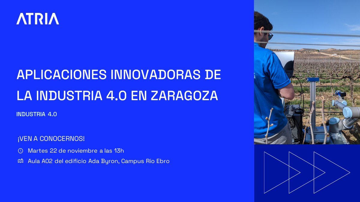 ATRIA ofrece a los estudiantes de la <a href="/EINAunizar/">EINA Unizar</a> dos charlas sobre actualidad industrial.
¡No te las pierdas!
Segunda charla:
🗓️22Nov 🕐13 h 📍Campus Río Ebro-Edif. Ada Byron, Aula A02