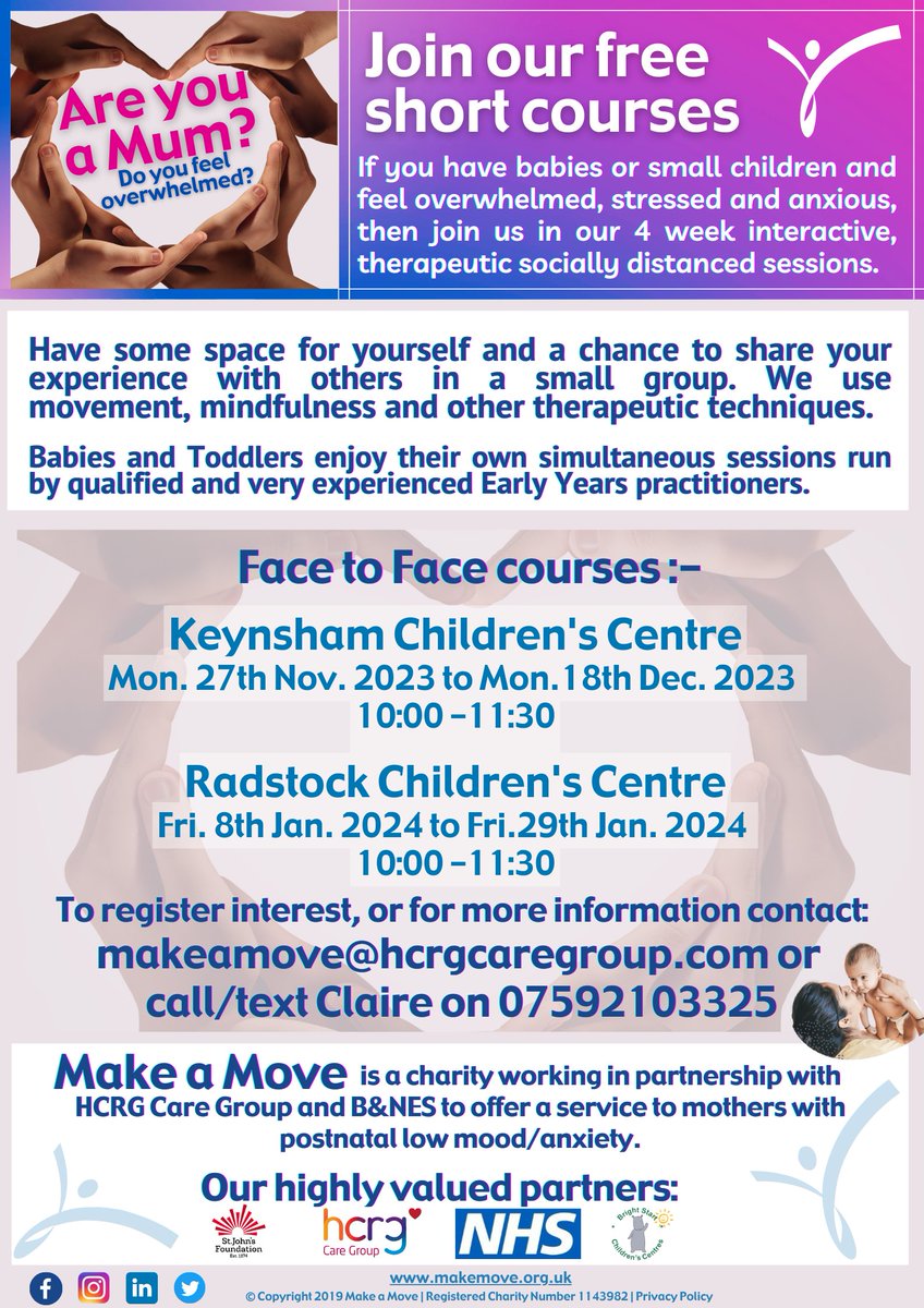 MakeaMove4's tweet image. Mums are invited to Face2Face FREE courses taking place from 27th Nov 2023 in #Keynsham or 8th Jan 2024 in #Radstock. Sessions are aimed at mums who have babies/small children &amp;amp; are feeling overwhelmed, stressed &amp;amp; anxious. Info: buff.ly/3FYEpSX #pnd #postnataldepression