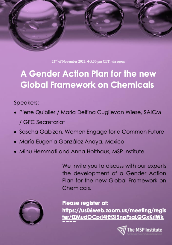 We kindly invite you to join our webinar "A Gender Action Plan for the new Global Framework on Gender and Chemicals" on 23th of November 2023, 4-5.30 pm CET, via zoom. Please register here: gender-chemicals.org/webinar-invita…