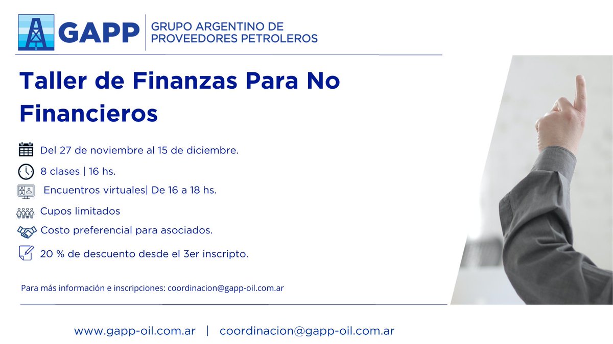 📢 No te pierdas nuestro Taller de Finanzas para No Financieros:
🗓️  27 de noviembre. 🎯 Aprendé contabilidad, finanzas básicas, evaluación de proyectos e impacto de la inflación. 

Inscribite: coordinacion@gapp-oil.com.ar.