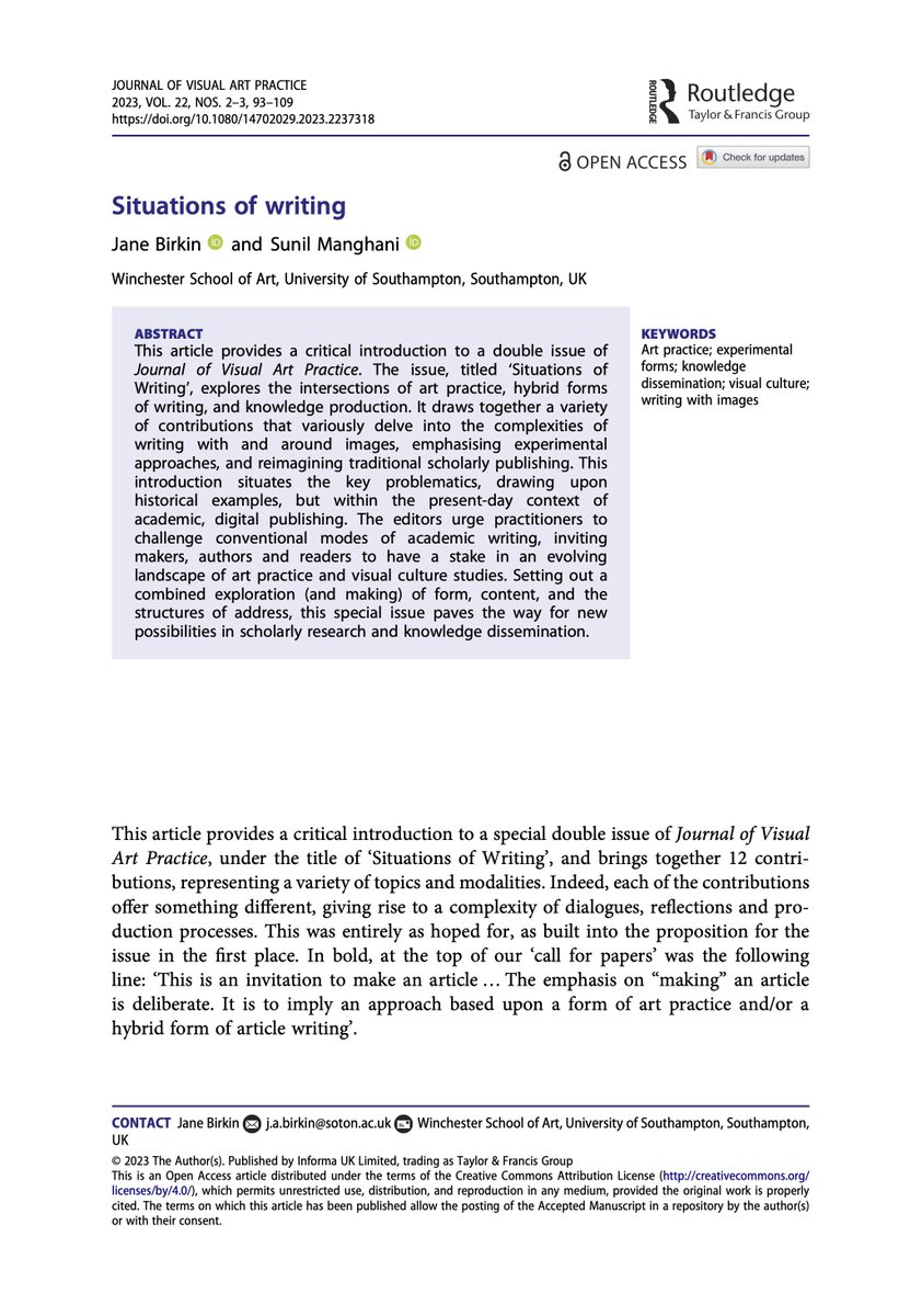Situations of Writing, a double special issue of Journal of Visual Art Practice is here tandfonline.com/toc/rjvp20/22/…
