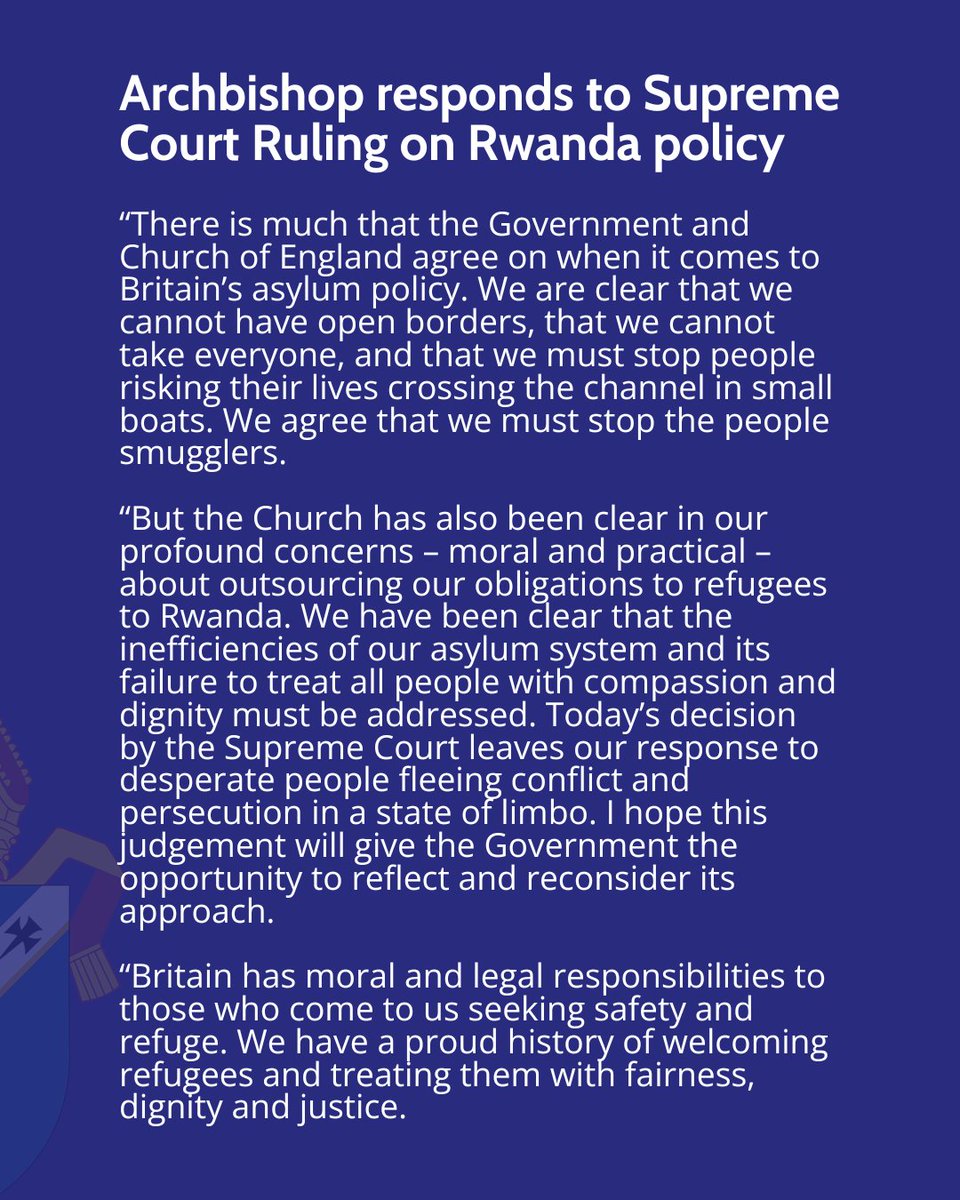 ArchbishopSarah's tweet image. Today’s decision on the Rwanda policy leaves desperate people fleeing conflict and persecution in limbo. I hope the Government will reflect and reconsider its approach.

Let’s put aside the politics of division and work together to build an asylum system based on fairness,