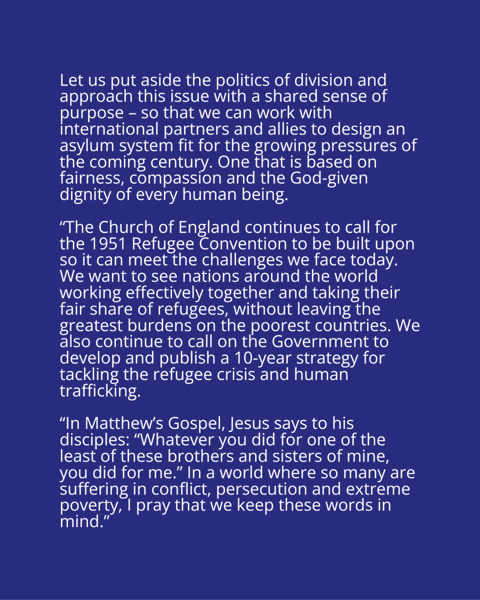 ArchbishopSarah's tweet image. Today’s decision on the Rwanda policy leaves desperate people fleeing conflict and persecution in limbo. I hope the Government will reflect and reconsider its approach.

Let’s put aside the politics of division and work together to build an asylum system based on fairness,