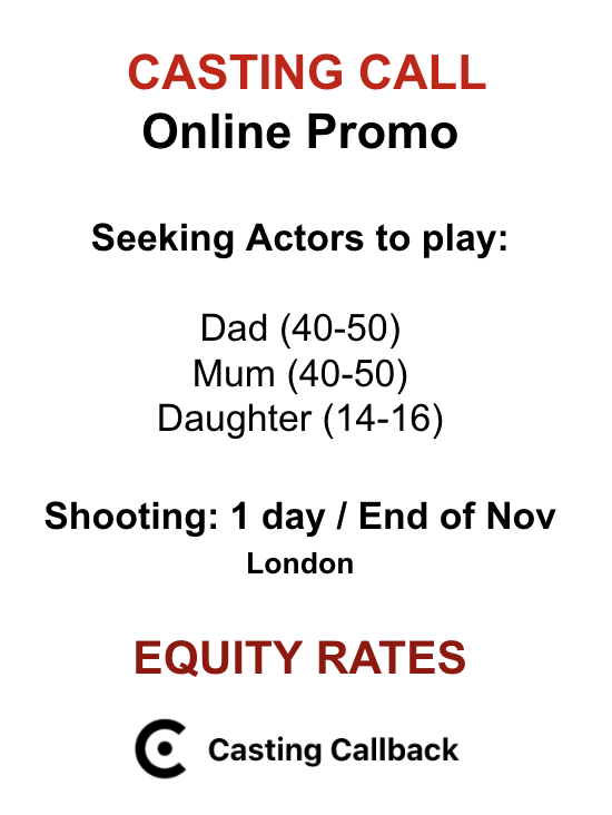 CastingCallbac1's tweet photo. #castingcall #audition  #actorslife 

Production Company seeking 3 experienced actors to play a family.

FREE TO APPLY ON CASTING CALLBACK, pls apply using the link:

https://t.co/nyw9T6MIx2 https://t.co/KkxEdVeuCi
