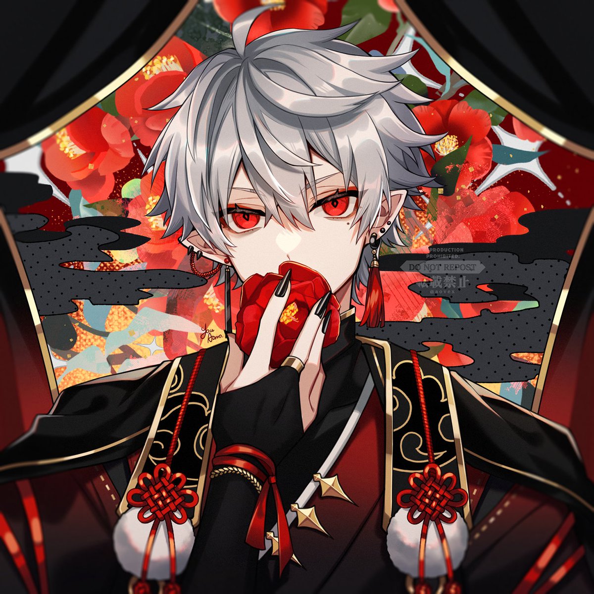 kuzuha (nijisanji) male focus 1boy red eyes jewelry pointy ears flower earrings  illustration images